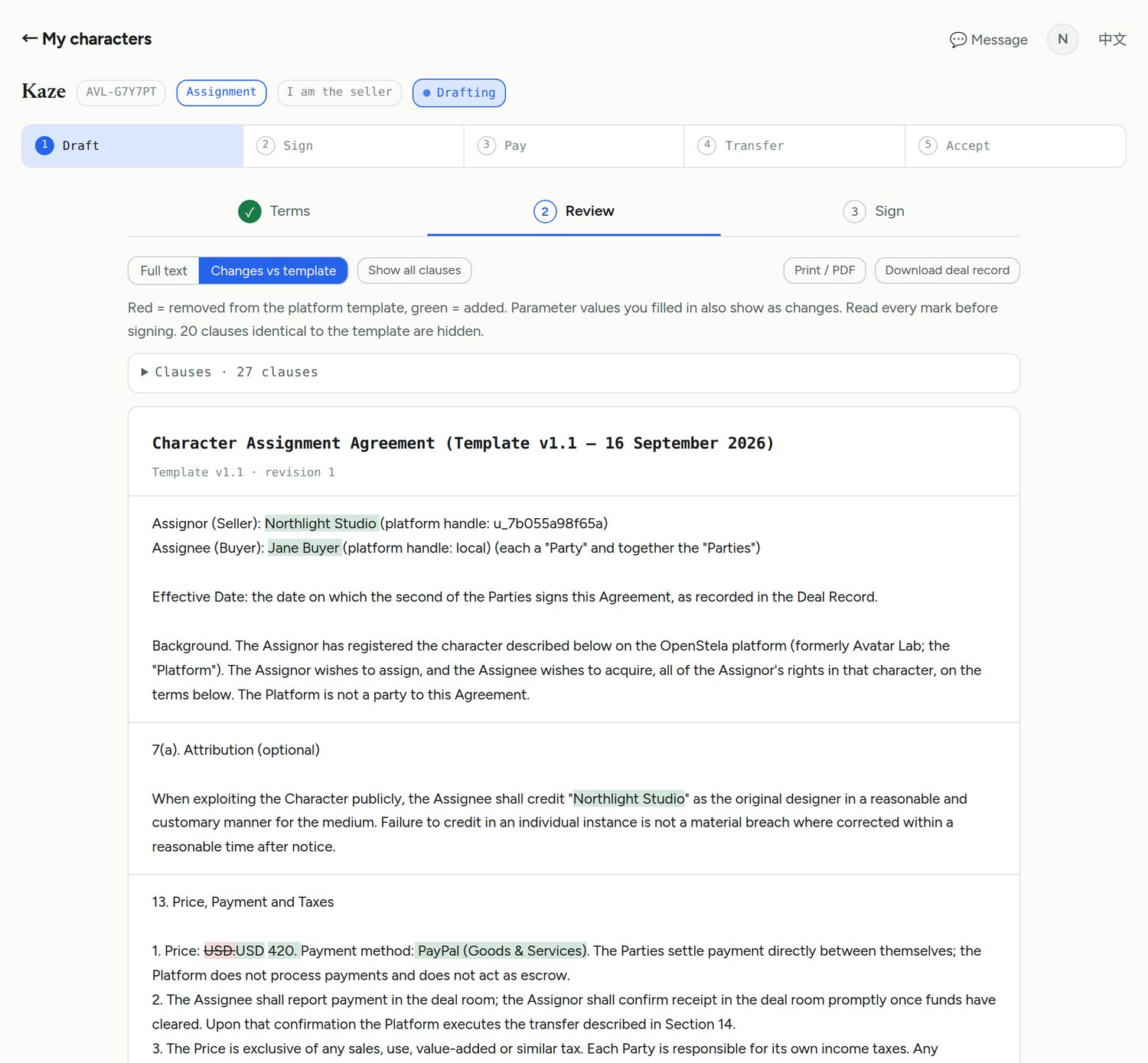 The review step: the contract text marked against the platform's standard template, removals in red and additions in green.