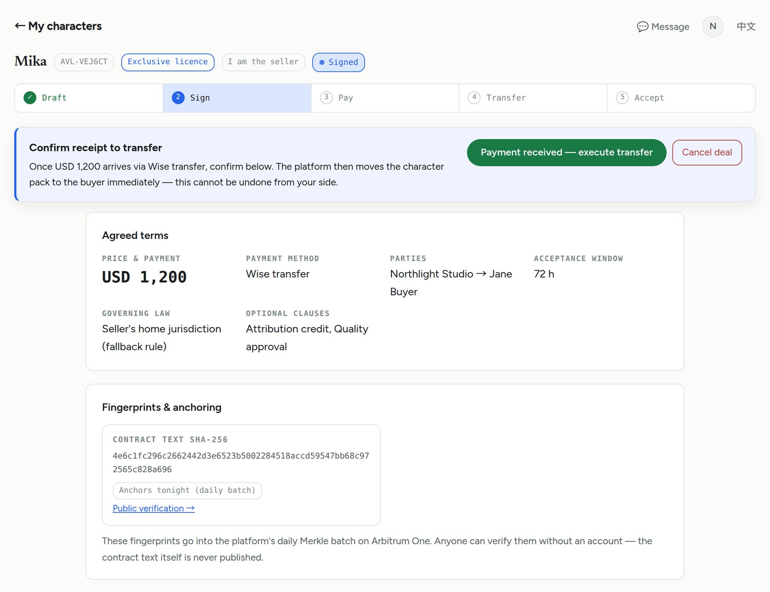 A signed deal: the confirm-receipt step on top, then the agreed terms and the contract fingerprint.