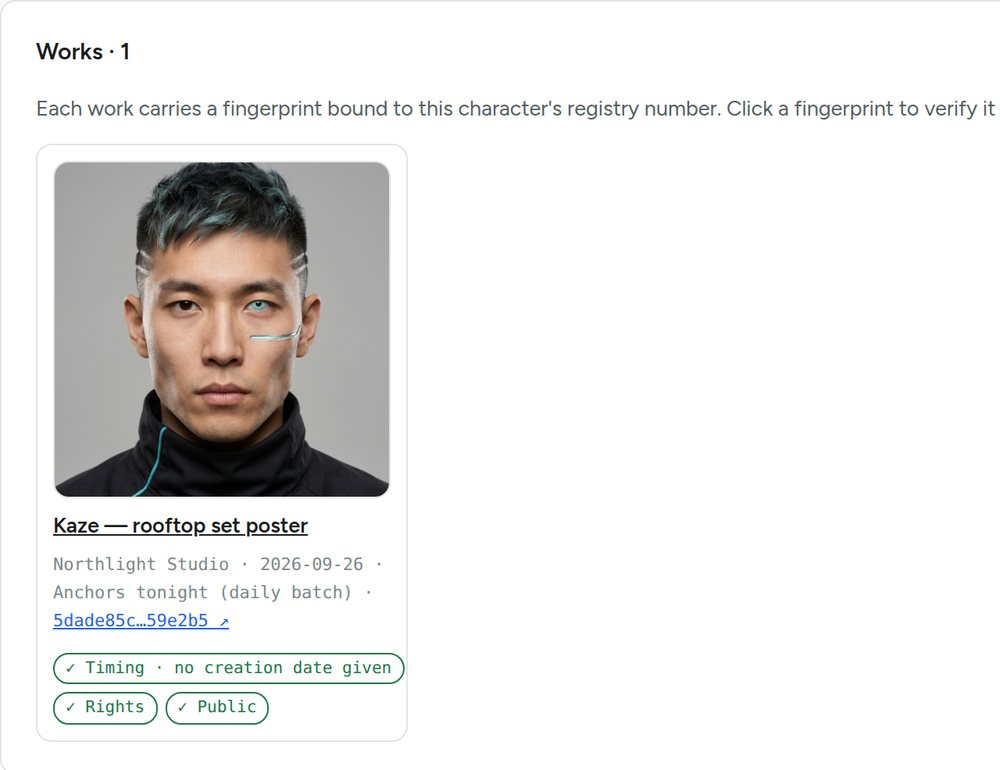A registered work on a public character page, showing its date, anchoring status and a clickable fingerprint.