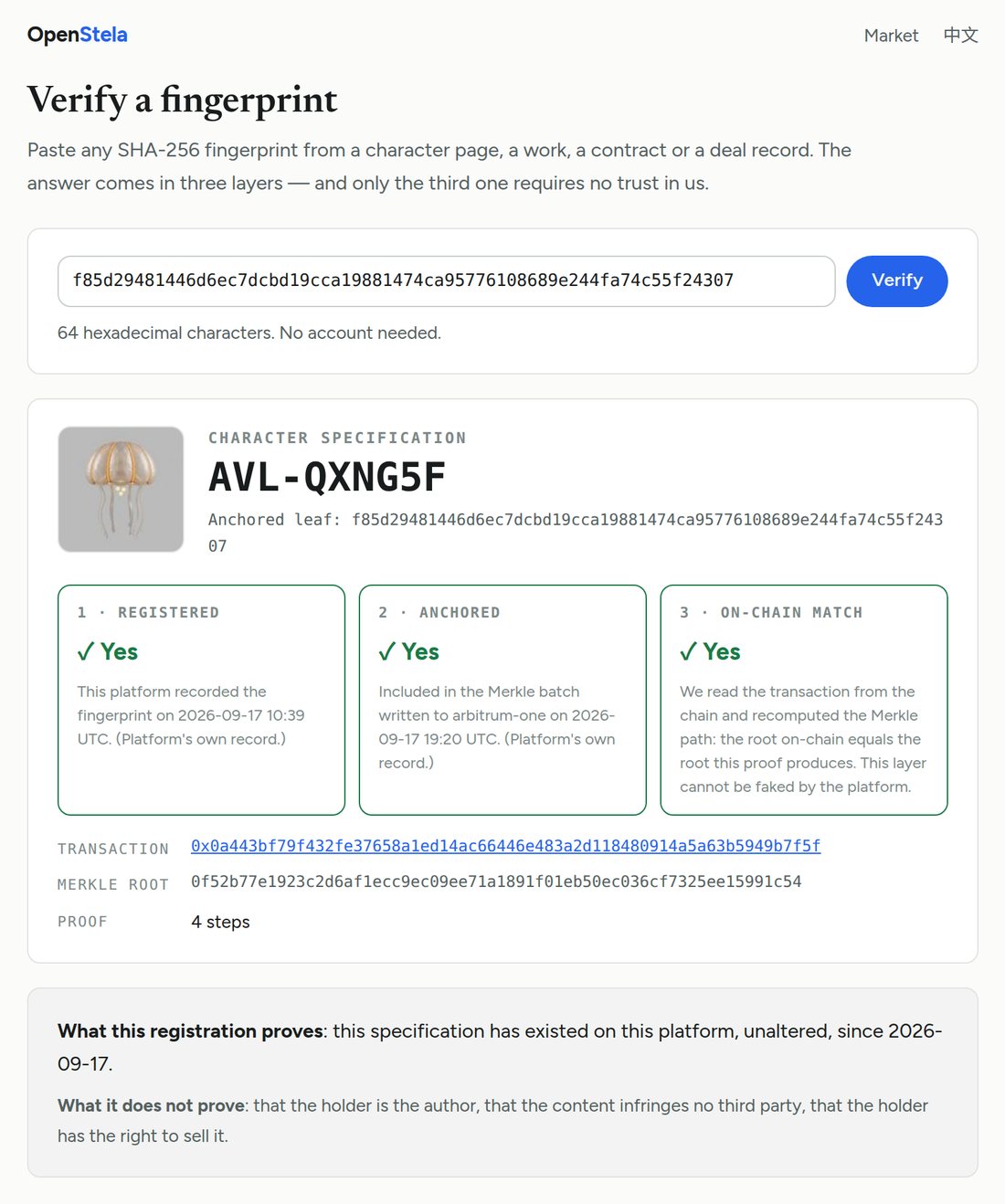 The public verification page showing a real registered character: registered, anchored, and matched against the chain.