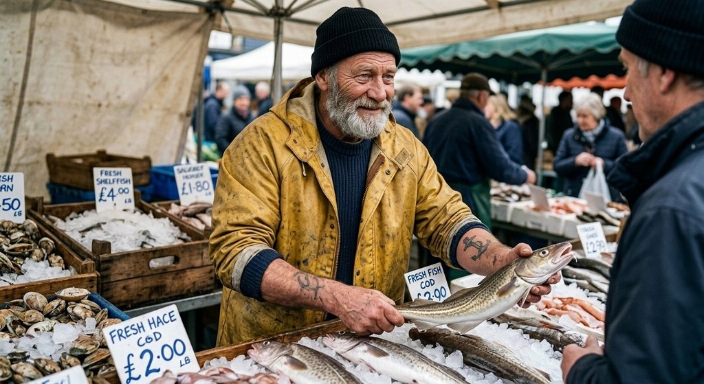 The same fisherman at a market stall on another platform
