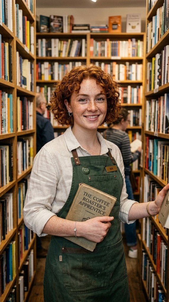 The same barista generated in a bookshop on another platform